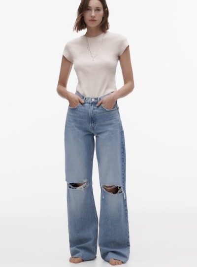 High-waisted five pocket jeans in rigid fabric. extra long wide legs.